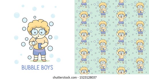 Cute Bubble boy with glasses illustration group with seamless vector pattern.