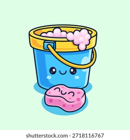 Cubo lindo de la burbuja que limpia con la ilustración del icono del Vector de la historieta de la esponja. Icono de la herramienta de limpieza Concepto Vector Premium aislado. Estilo plano de la historieta