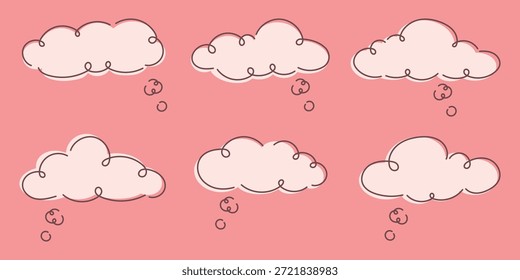 Cute bubble clouds illustration with curly doodle lines on soft pink background playful whimsical sky elements in hand drawn style for children design nursery art posters cards