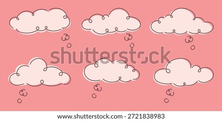 Cute bubble clouds illustration with curly doodle lines on soft pink background playful whimsical sky elements in hand drawn style for children design nursery art posters cards