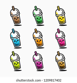 Cute Bubble Drink Cup, Boba Drink, Bubble Tea, Coffee and Fruit Blend Vector