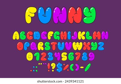 Cute bubble font, funny playful typeface, summer english alphabet, cartoon comic type. Bubblegum font typeset letters and digits, funny latin alphabet vector figures and numbers, childish English ABC