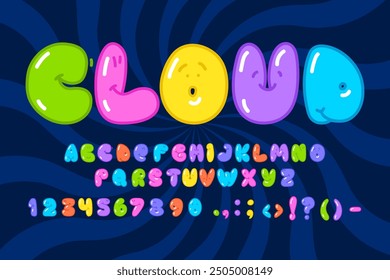 Linda fuente de burbujas, tipo de globo de dibujos animados y2k, letra cómica del alfabeto inglés y caracteres numéricos con caras sonrientes divertidas. Vector tipografía color burbuja tipografía, lindo abc mayúsculas símbolos typeface