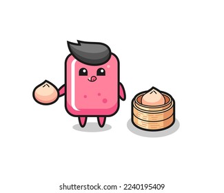 cute bubble gum character eating steamed buns , cute style design for t shirt, sticker, logo element