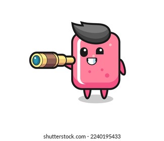 cute bubble gum character is holding an old telescope , cute style design for t shirt, sticker, logo element