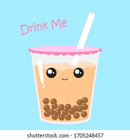 Cute Bubble Milk Tea Cartoon Design, Try And Drink Me