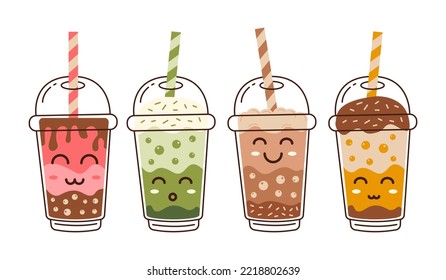 cute bubble tea, boba drink flavors collection hand drawn vector illustration