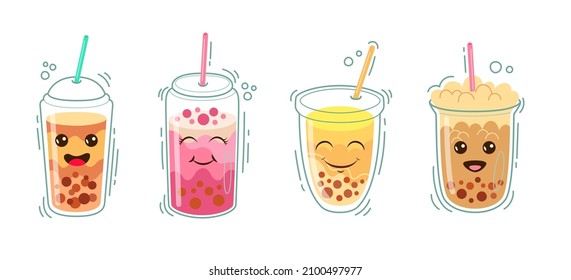 Cute bubble tea cartoon characters vector illustrations set  Comic plastic cups and smiling faces  Taiwanese milk drinks and boba balls tapioca white background  Food  beverage concept
