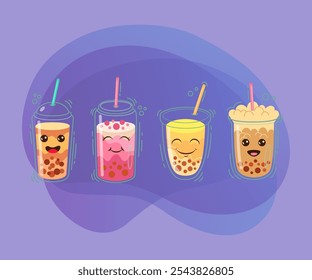 Conjunto de Ilustraciones vectoriales de personajes de dibujos animados de té de burbuja linda. Tazas plásticas cómicas con caras sonrientes, bebidas lácteas taiwanesas con bolas de boba o tapioca sobre fondo blanco. Concepto de comida, bebida