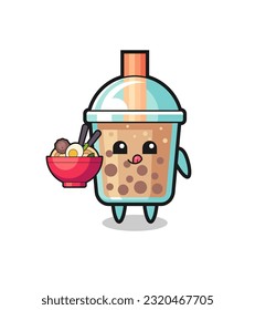 cute bubble tea character eating noodles , cute style design for t shirt, sticker, logo element