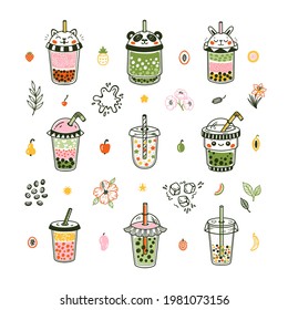 Cute Bubble Tea Doodle Vector Set. Plastic Takeaway Cups. Summer Pearl Milk Beverage and Fruits, Flowers, Leaves. Boba tea Drinks with Tapioca. Birthday Party