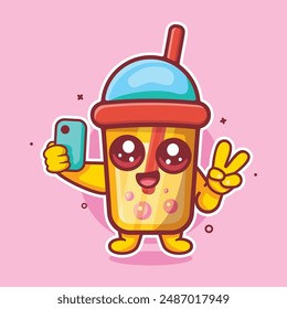 cute bubble tea drink character mascot taking a selfie with a smartphone isolated cartoon