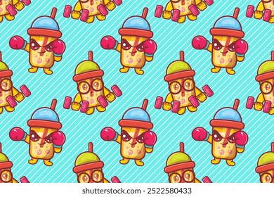 cute bubble tea drink character seamless pattern illustration background 