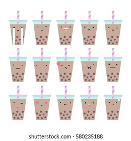 Cute bubble tea emotions. Set of stickers. Vector hand drawn illustration