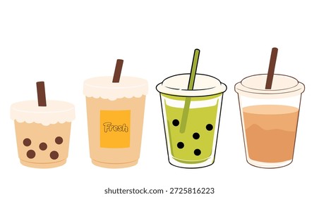 Netter Bubble-Tee-Illustrationssatz mit sortiertem Milchtee und Matcha-Getränken in klaren Tassen, mit einem sauberen flachen Stil für Café-Menüs, Getränke-Branding, Verpackung und moderne Lebensmittelgrafik.