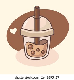 Cute bubble tea illustration. Vector kawaii drink with tapioca