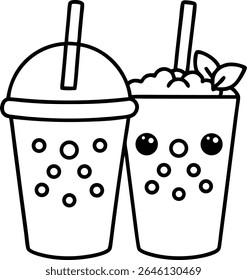 chá de bolha bonito com rostos kawaii e coberturas em 