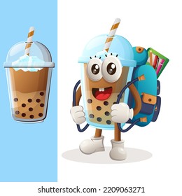 Cute Bubble Tea mascot carrying a schoolbag, backpack, back to school. Perfect for food store, small business or e-Commerce, merchandise and sticker, banner promotion, food review blog or vlog
