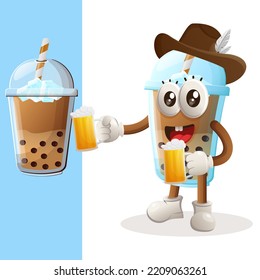 Cute Bubble Tea mascot celebrate oktoberfest with holding beer. Perfect for food store, small business or e-Commerce, merchandise and sticker, banner promotion, food review blog or vlog channel
