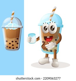 Cute Bubble Tea mascot drink milk and eat cookie. Perfect for food store, small business or e-Commerce, merchandise and sticker, banner promotion, food review blog or vlog channel
