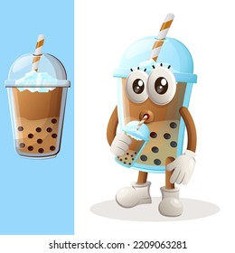 Cute Bubble Tea mascot drinking bubble tea. Perfect for food store, small business or e-Commerce, merchandise and sticker, banner promotion, food review blog or vlog channel
