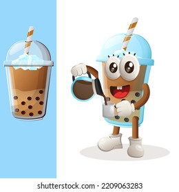 Cute Bubble Tea mascot drinking coffee, coffee time. Perfect for food store, small business or e-Commerce, merchandise and sticker, banner promotion, food review blog or vlog channel
