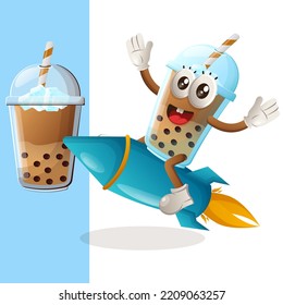 Cute Bubble Tea mascot flying on rocket. Perfect for food store, small business or e-Commerce, merchandise and sticker, banner promotion, food review blog or vlog channel
