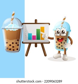 Cute Bubble Tea mascot gives report presentation, shows column graphics. Perfect for food store, small business or e-Commerce, merchandise and sticker, banner promotion, food review blog or vlog