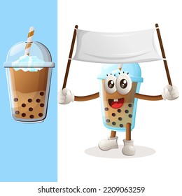 Cute Bubble Tea mascot holding blank banner. Perfect for food store, small business or e-Commerce, merchandise and sticker, banner promotion, food review blog or vlog channel
