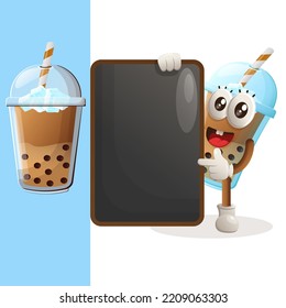 Cute Bubble Tea mascot holding menu black Board, menu board, sign board. Perfect for food store, small business or e-Commerce, merchandise and sticker, banner promotion, food review blog or vlog