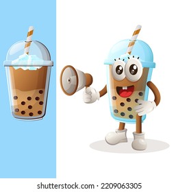 Cute Bubble Tea mascot holding megaphone. Perfect for food store, small business or e-Commerce, merchandise and sticker, banner promotion, food review blog or vlog channel
