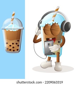 Cute Bubble Tea Mascot Listening Music On A Smartphone Using A Headphone. Perfect For Food Store, Small Business Or E-Commerce, Merchandise And Sticker, Banner Promotion, Food Review Blog Or Vlog
