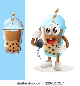 Cute Bubble Tea mascot pick up the phone, answering phone calls. Perfect for food store, small business or e-Commerce, merchandise and sticker, banner promotion, food review blog or vlog channel
