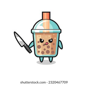 cute bubble tea mascot as a psychopath holding a knife , cute style design for t shirt, sticker, logo element