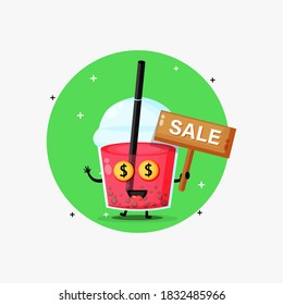 Cute bubble tea mascot with the sales sign