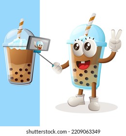 Cute Bubble Tea mascot takes a selfie with smartphone. Perfect for food store, small business or e-Commerce, merchandise and sticker, banner promotion, food review blog or vlog channel

