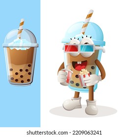 Cute Bubble Tea mascot watching movie with holding soda and popcorn. Perfect for food store, small business or e-Commerce, merchandise and sticker, banner promotion, food review blog or vlog channel
