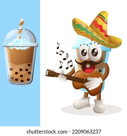 Cute Bubble Tea mascot wearing mexican hat with playing guitar. Perfect for food store, small business or e-Commerce, merchandise and sticker, banner promotion, food review blog or vlog channel
