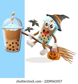 Cute Bubble Tea mascot witch with holding halloween pumpkin with candy on it. Perfect for food store, small business or e-Commerce, merchandise and sticker, banner promotion, food review blog or blog
