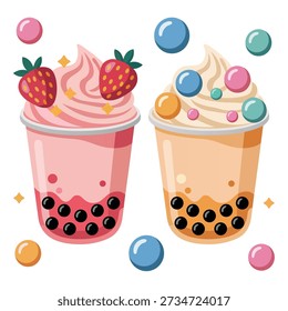 Cute Bubble Tea Milkshake Cups with Strawberry and Candy Toppings