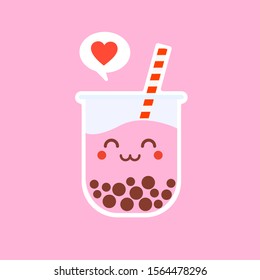 The Cute Bubble Tea, Pearl milk tea, Pearl strawberry milk tea, black pearls is Taiwanese famous and popular drink large size and small cup with straw. Bobba flat design vector illustration
