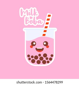 The Cute Bubble Tea, Pearl milk tea, Pearl strawberry milk tea, black pearls is Taiwanese famous and popular drink large size and small cup with straw. Bobba flat design vector illustration
