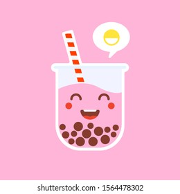 The Cute Bubble Tea, Pearl milk tea, Pearl strawberry milk tea, black pearls is Taiwanese famous and popular drink large size and small cup with straw. Bobba flat design vector illustration
