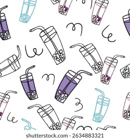 Cute Bubble Tea Seamless Pattern Colorful Doodle Boba Drinks on White Background