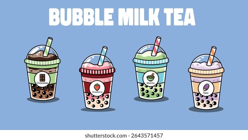 Cute bubble tea vector set with 4 flavors: chocolate, strawberry, matcha, and taro. Flat style, colorful, perfect for menus, stickers, and digital projects.