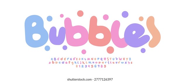 Cute Bubbles Logo Font Color Alphabet Kid Typography Design. Nursey Kindergarten Headline Text Logotype. Bold Round Letter for Baby Fun Summer Music Carnival, Children Birthday Title. Vector Typeface