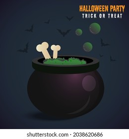 Cute Bubbling Cauldron with Green Potion, witches pot, Halloween vector illustration