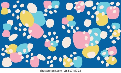 Bolhas bonitas com tons suaves em uma tela azul profunda, irradiando charme e calor em um estilo desenhado à mão.