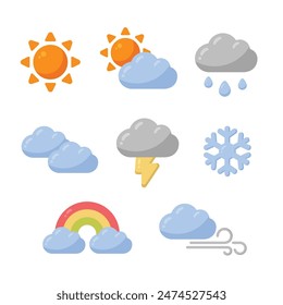Cute bubbly weather icon vector set (8): Sunny, partly cloudy, rainy, overcast, thunderbolt, snowy, rainbow after rain, and windy. Kawaii flat design style illustration isolated on white background.