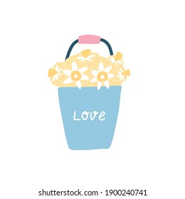 Cute bucket with daffodils in cartoon style. Flat isolated vector on white background.